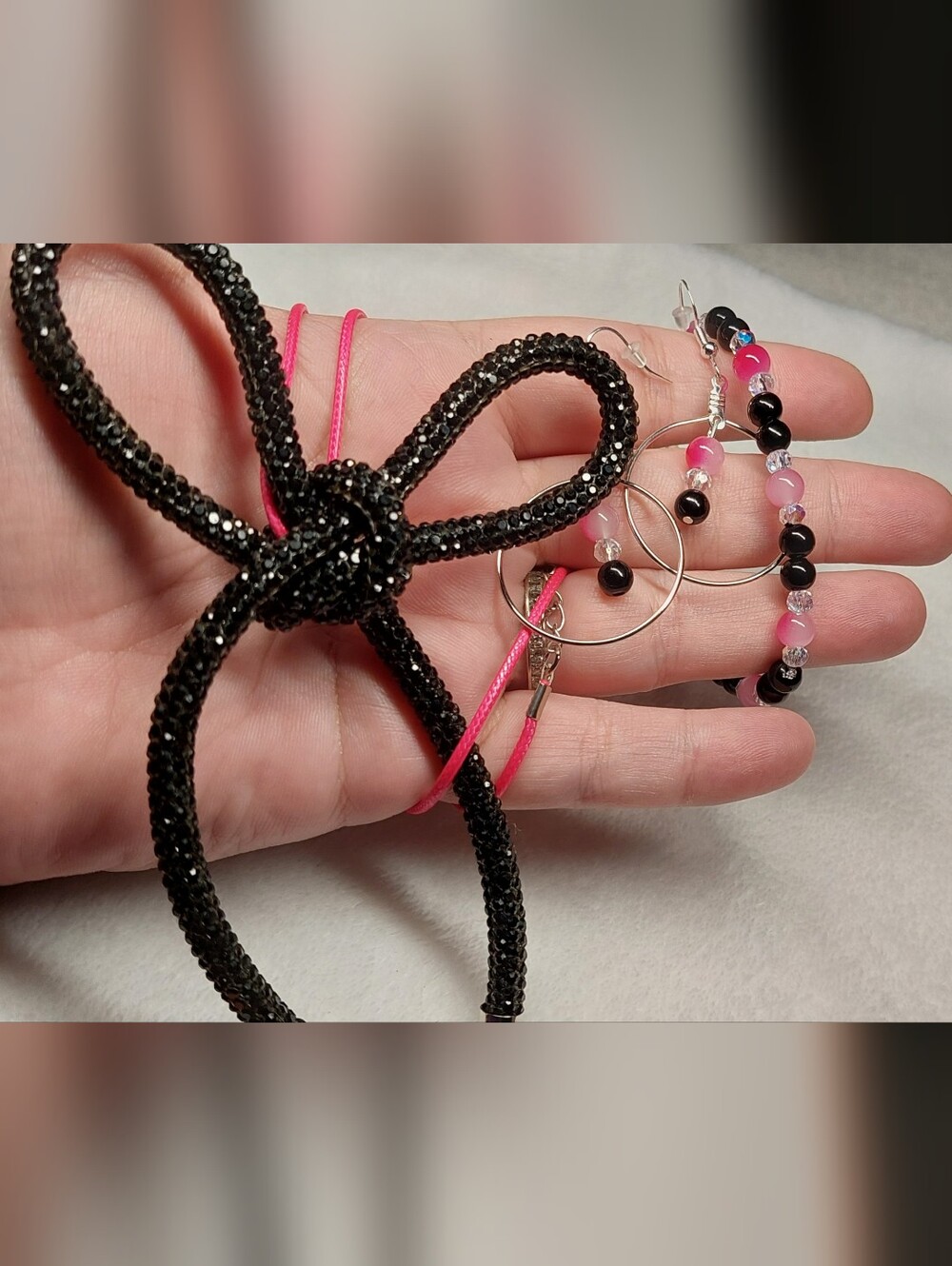 Crystal Knot Bow Statement Necklace with Pink Accents 925 Earrings And Bracelet